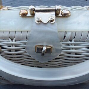 Vintage wicker handbag with lucite handles circa 1950's  made in Hong Kong